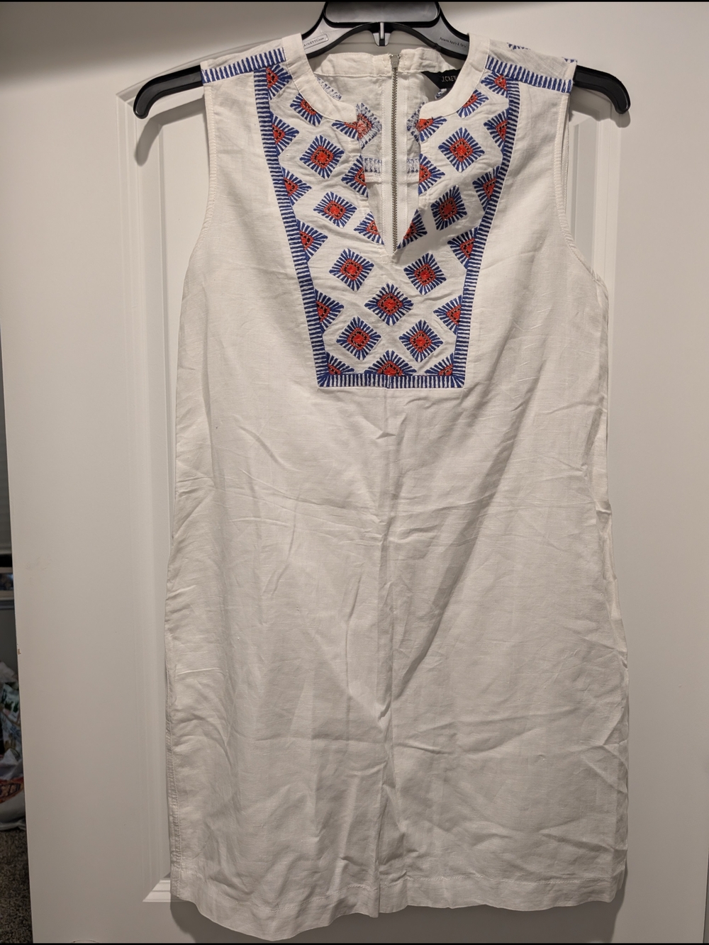 J. Crew White Sleeveless Shift Dress with Blue and Red Embroidery
